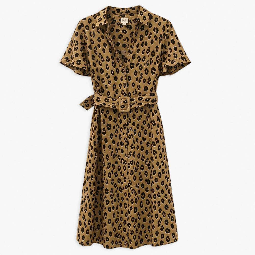 A New Day Women's XS Cheetah Print Belted Midi Shirt Dress Brown Leopard Satin